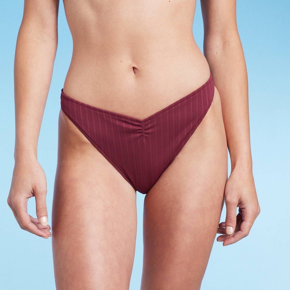 Shade & Shore Burgundy Ribbed Underwire Bikini Set V-Front High‎ Leg Swimsuit - Picture 3 of 8